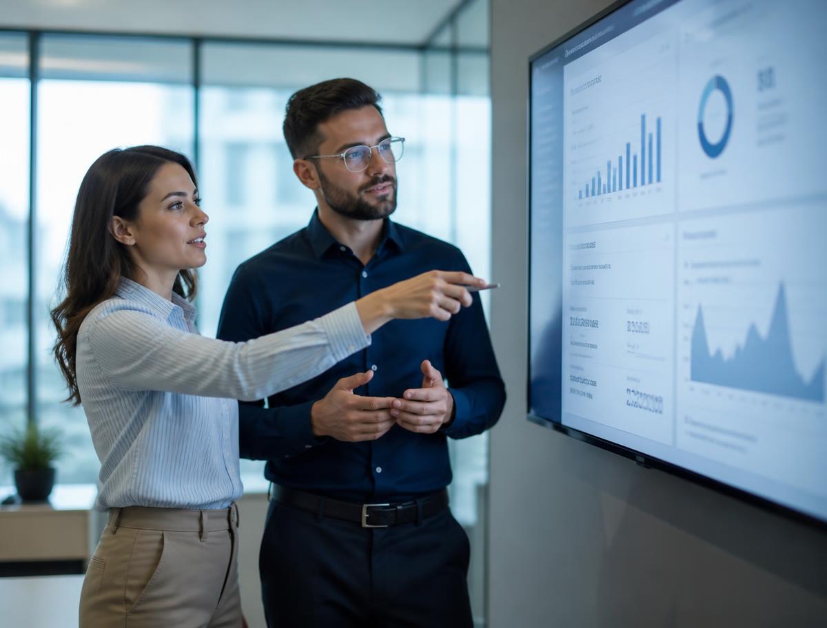 Two Snowbridge consultants reviewing a data dashboard together